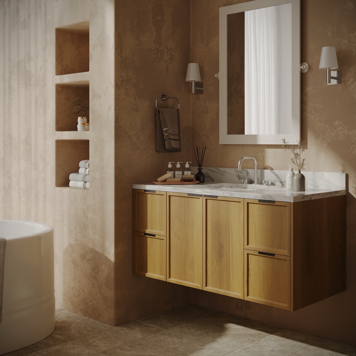 Floating oak vanity — premium bathroom